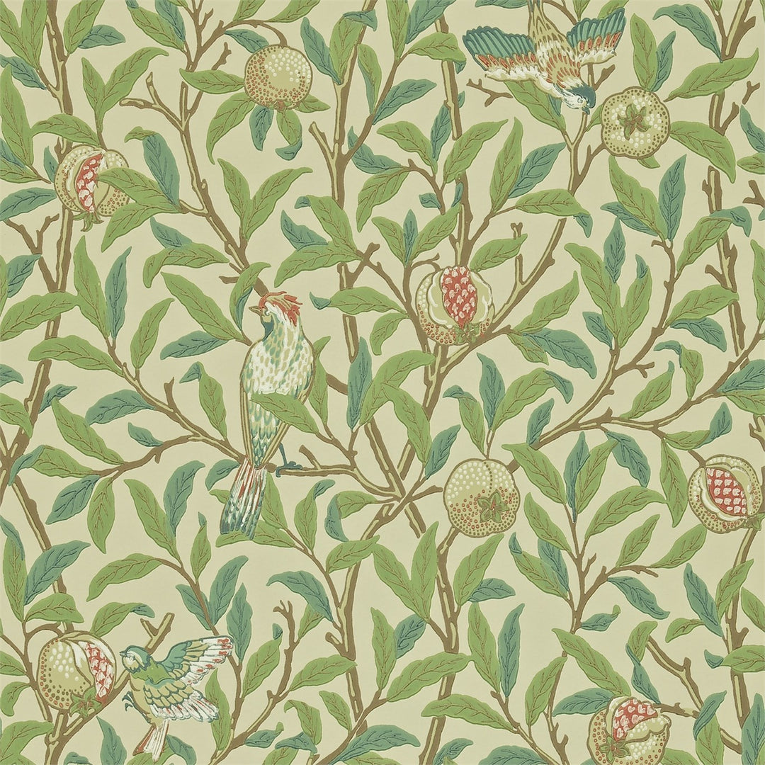 Morris and Co Tapet Bird & Pomegranate Bayleaf Cream