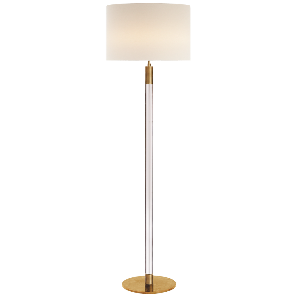 Riga Floor Lamp in Hand-Rubbed Antique Brass and Clear Glass with Linen Shade