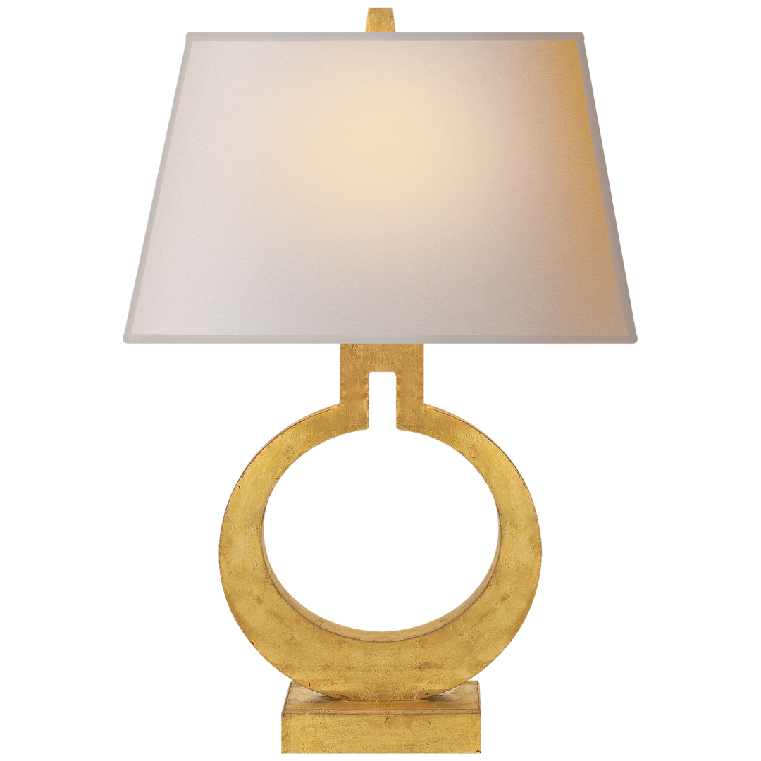 Ring Form Small Table Lamp in Gild with Natural Paper Shade