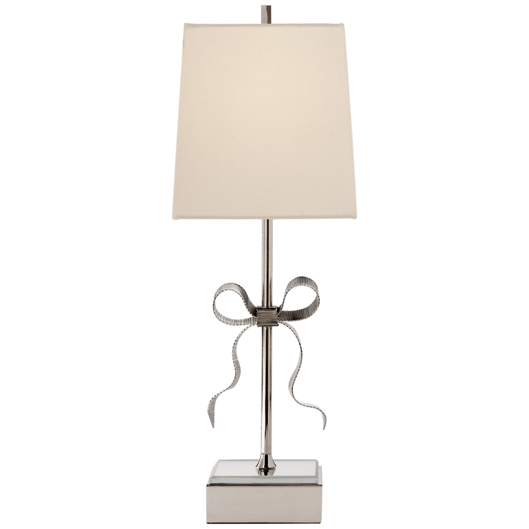 Ellery Gros-Grain Bow Table Lamp in Polished Nickel and Mirror with Cream Linen Shade