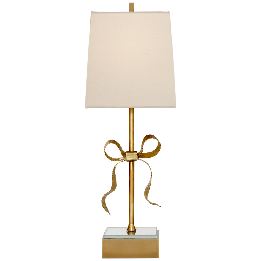 Ellery Gros-Grain Bow Table Lamp in Soft Brass and Mirror with Cream Linen Shade
