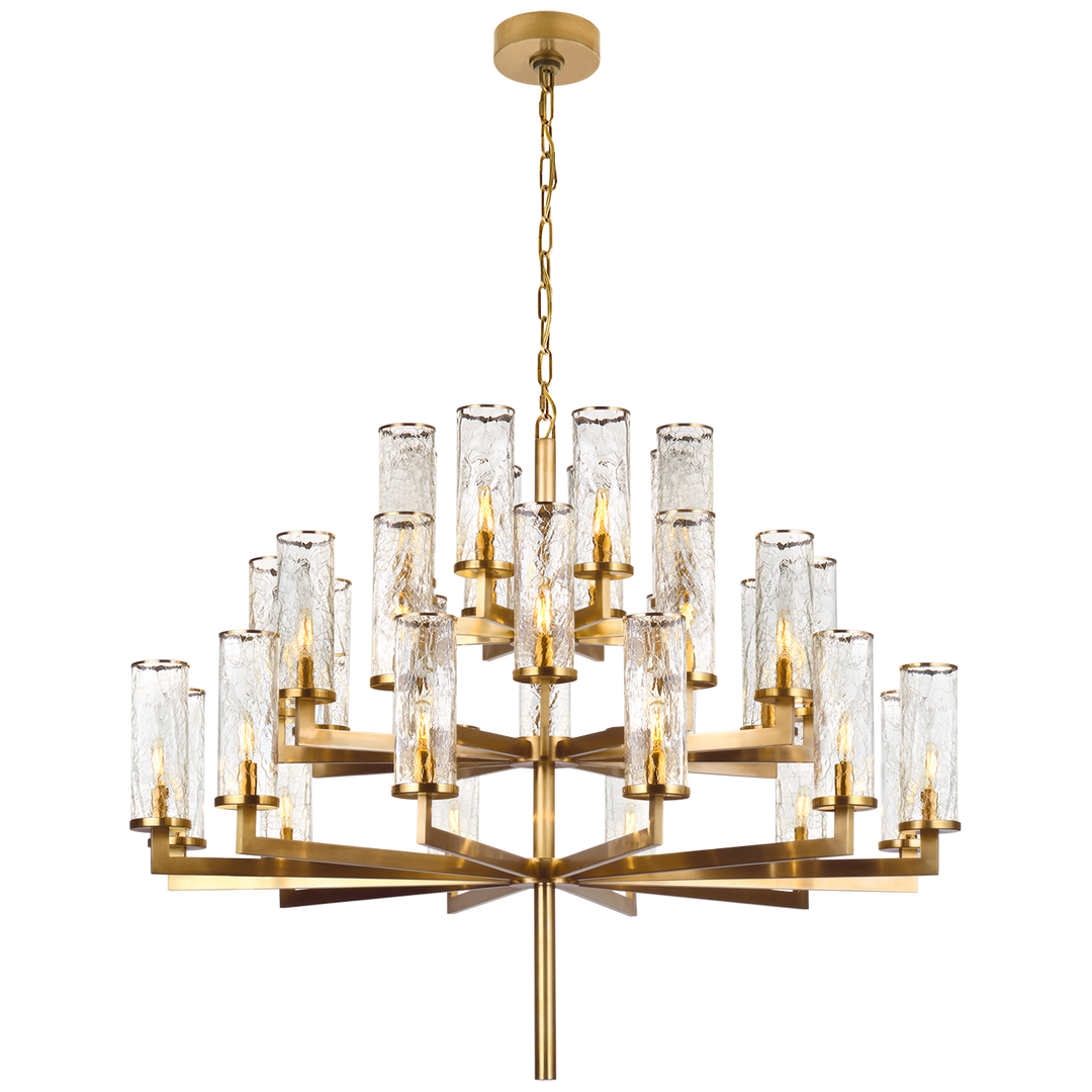 Liaison Triple Tier Chandelier in Antique-Burnished Brass with Crackle Glass