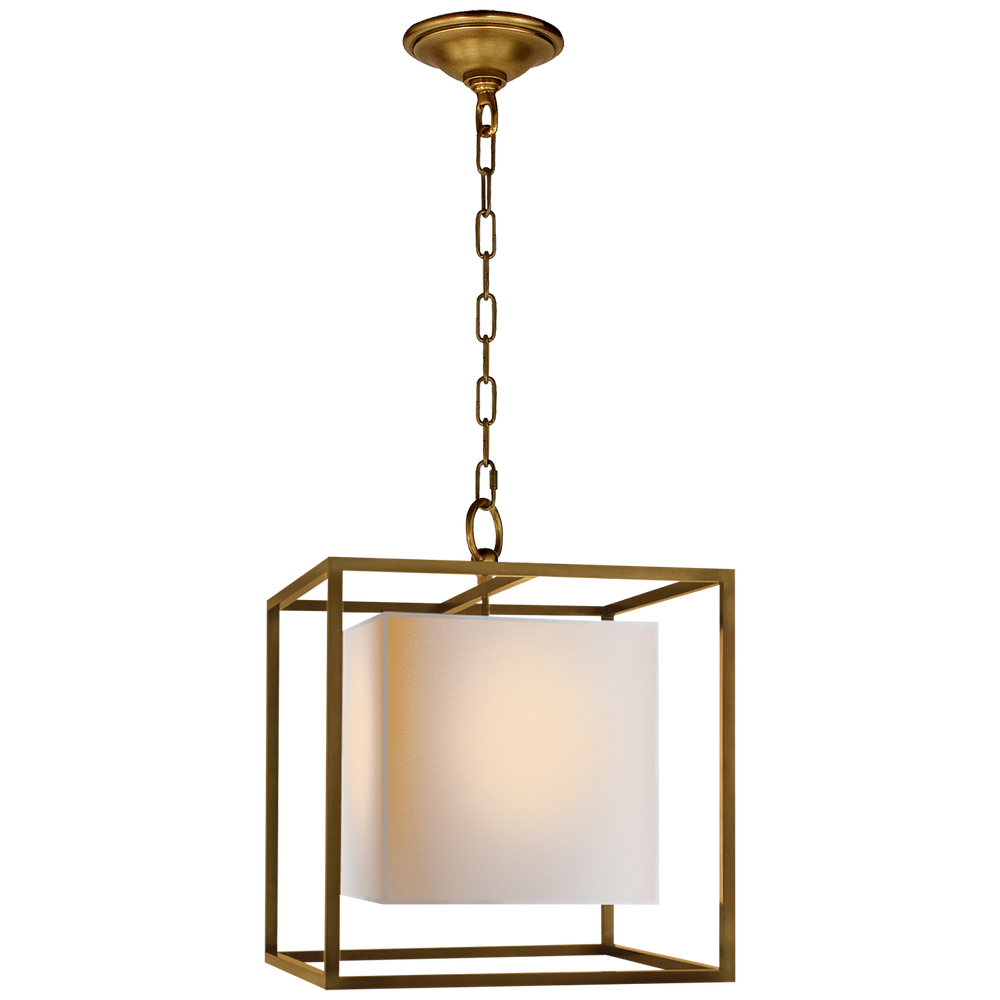 Caged Small Lantern in Hand-Rubbed Antique Brass with Natural Paper Shade