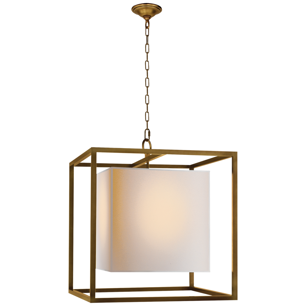 Caged Medium Lantern in Hand-Rubbed Antique Brass with Natural Paper Shade