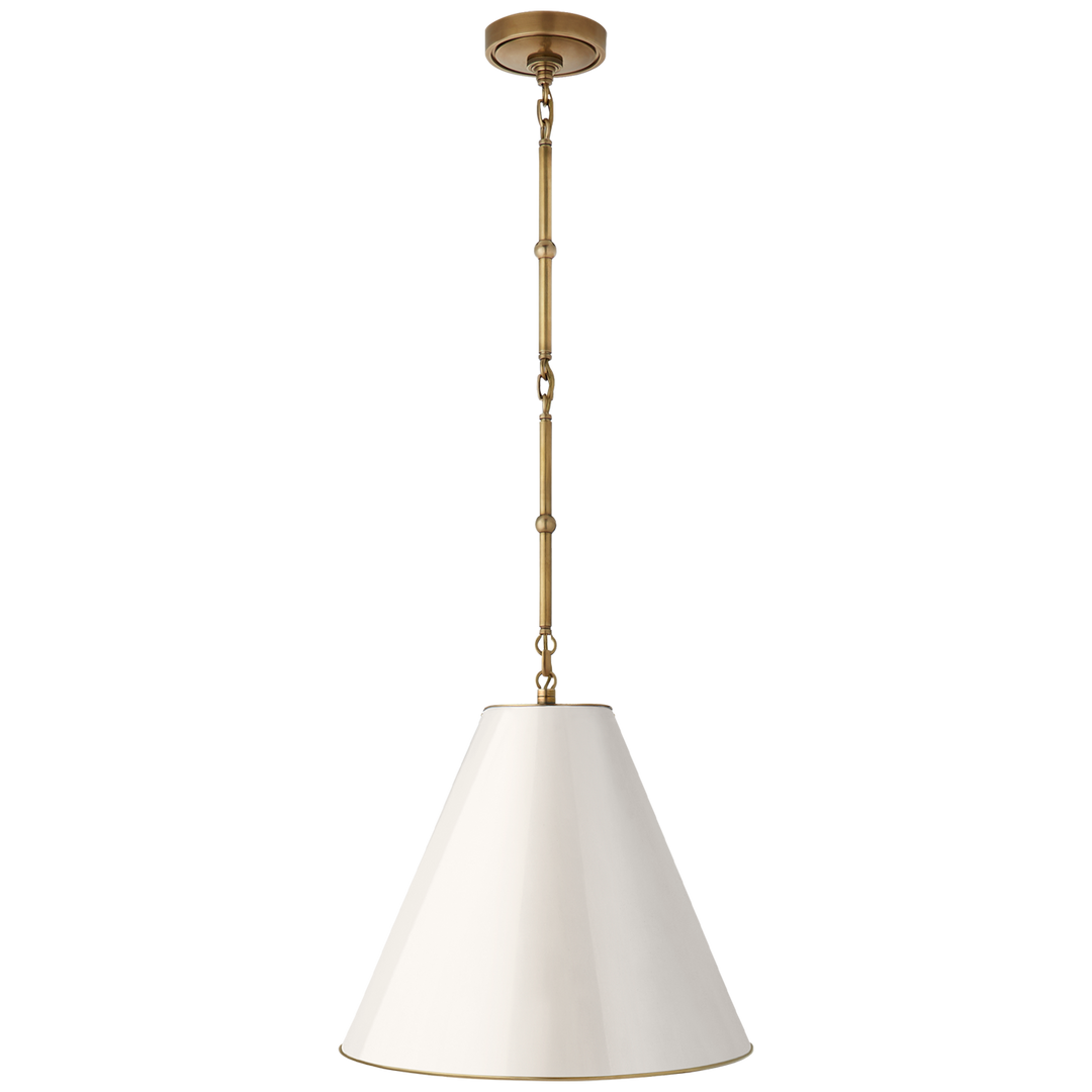 Goodman Small Hanging Light in Hand-Rubbed Antique Brass with Antique White Shade