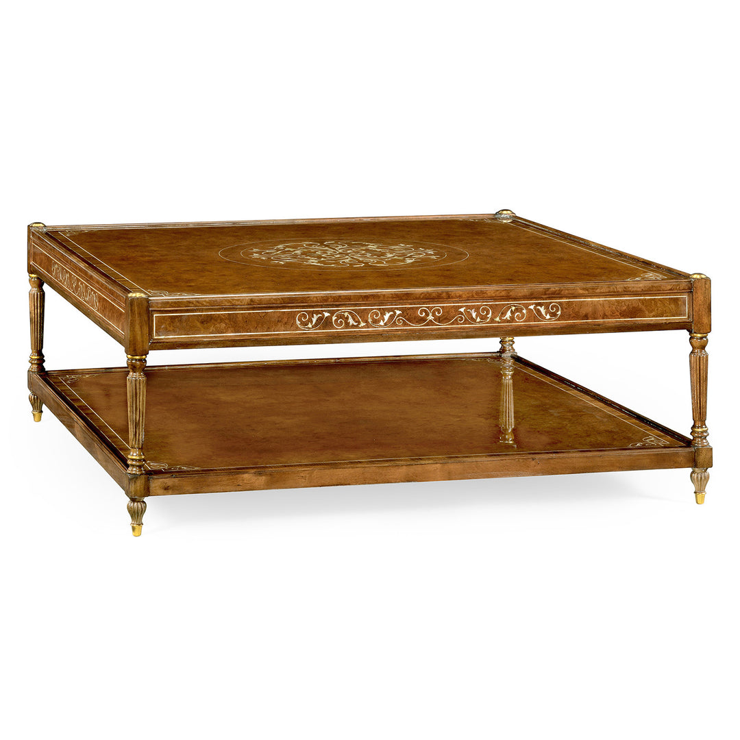 Burl and mother of pearl inlaid square coffee table
