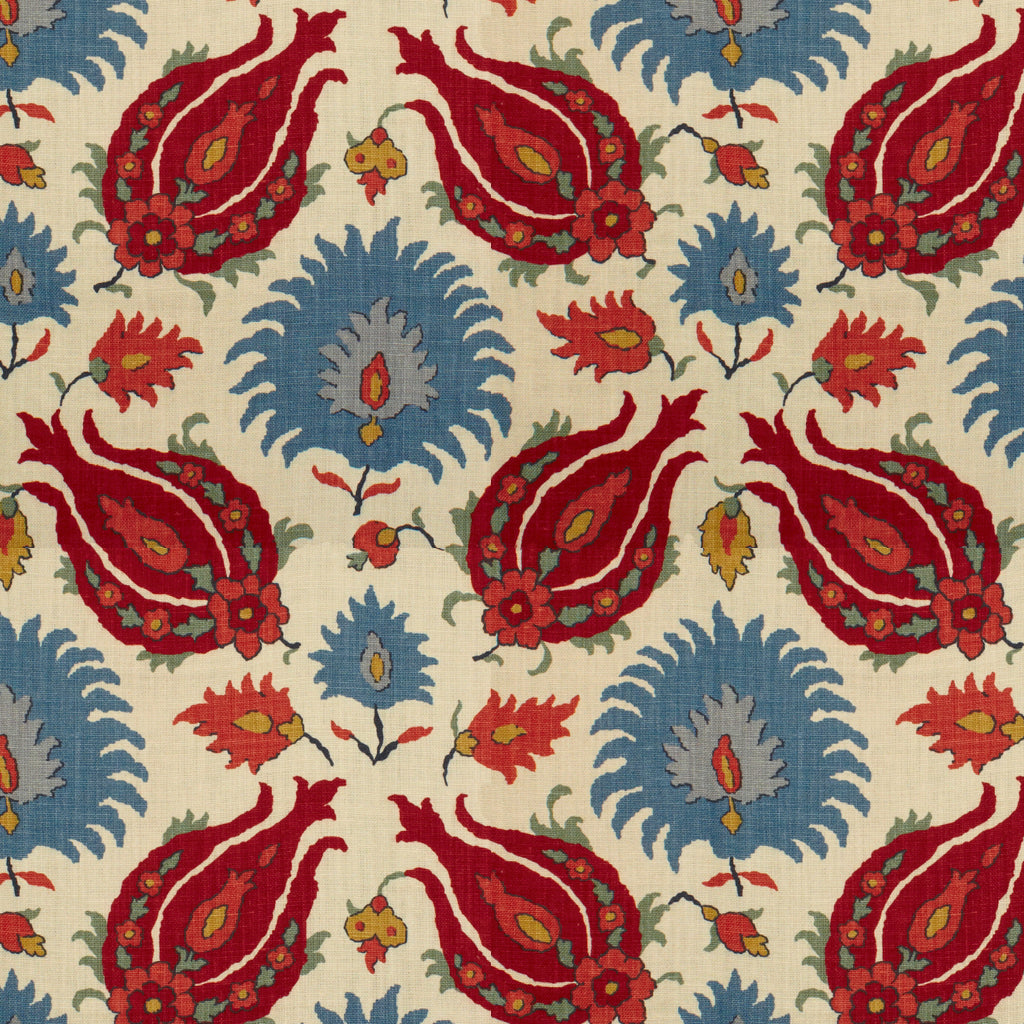 Kashmiri Linen Print Pomegranate/Blue tyg
