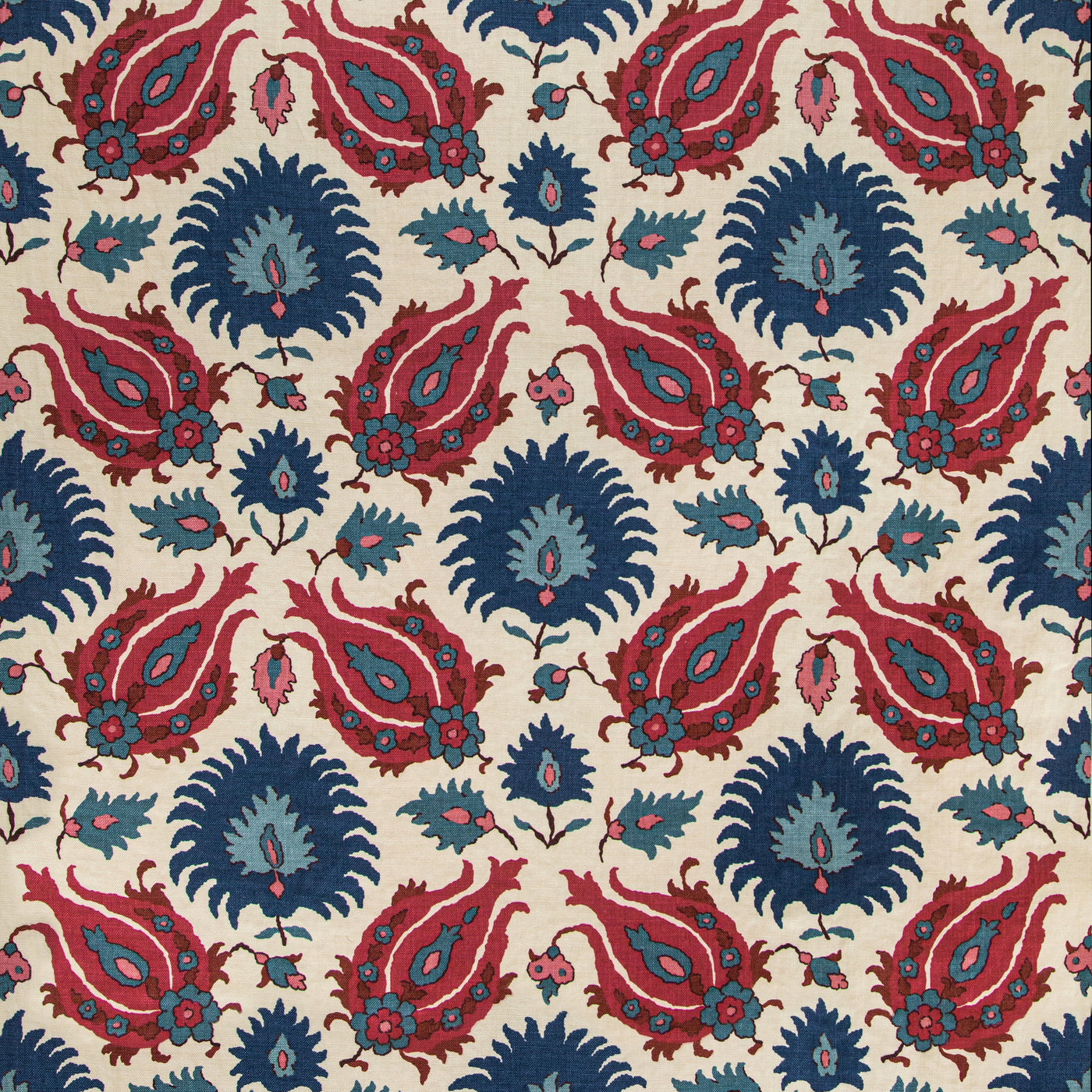 Kashmiri Linen Print Navy/Berry tyg