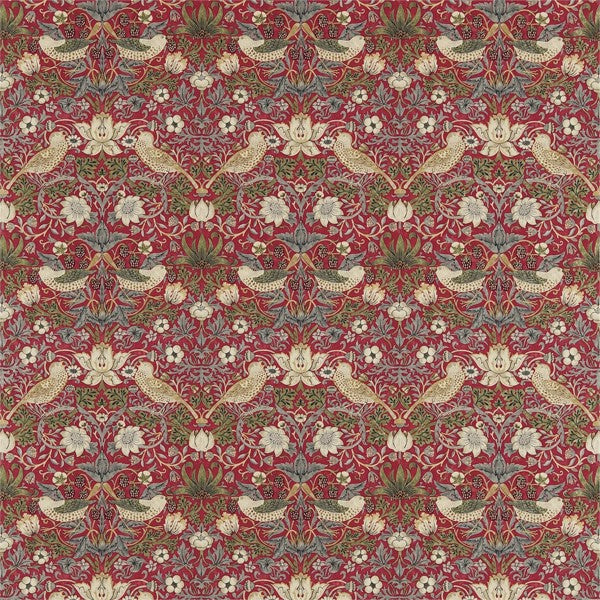 Morris & Co Tyg Strawberry Thief Tygprov - Crimson/Slate
