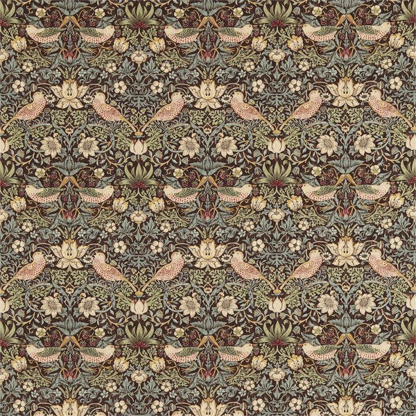 Morris & Co Tyg Strawberry Thief Tygprov - Chocolate/Slate