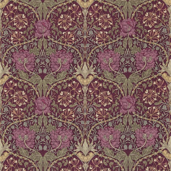 Morris & Co Tyg Honeysuckle & Tulip Tygprov - Wine/Bayleaf