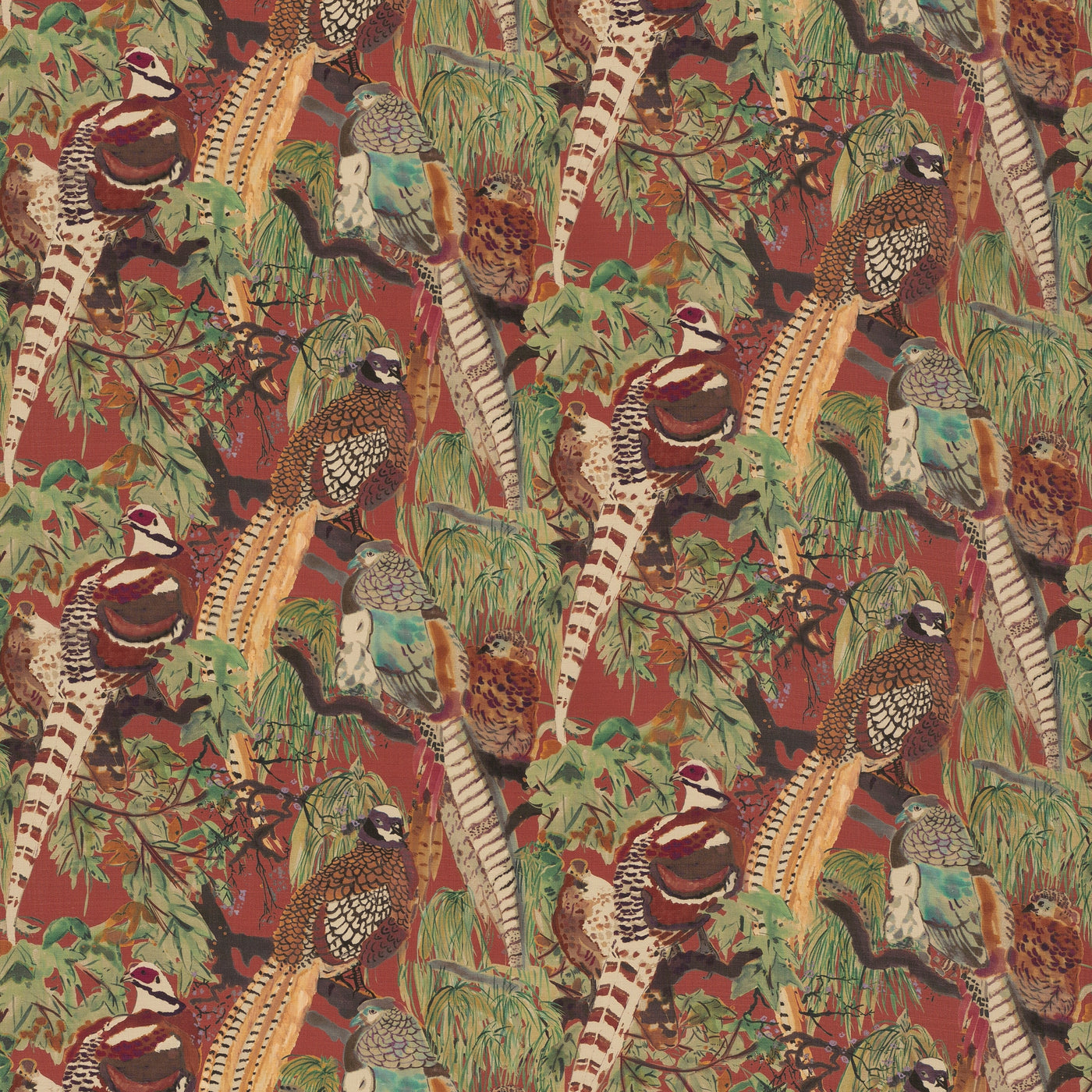 Game Birds Linen K Red/Plum tyg