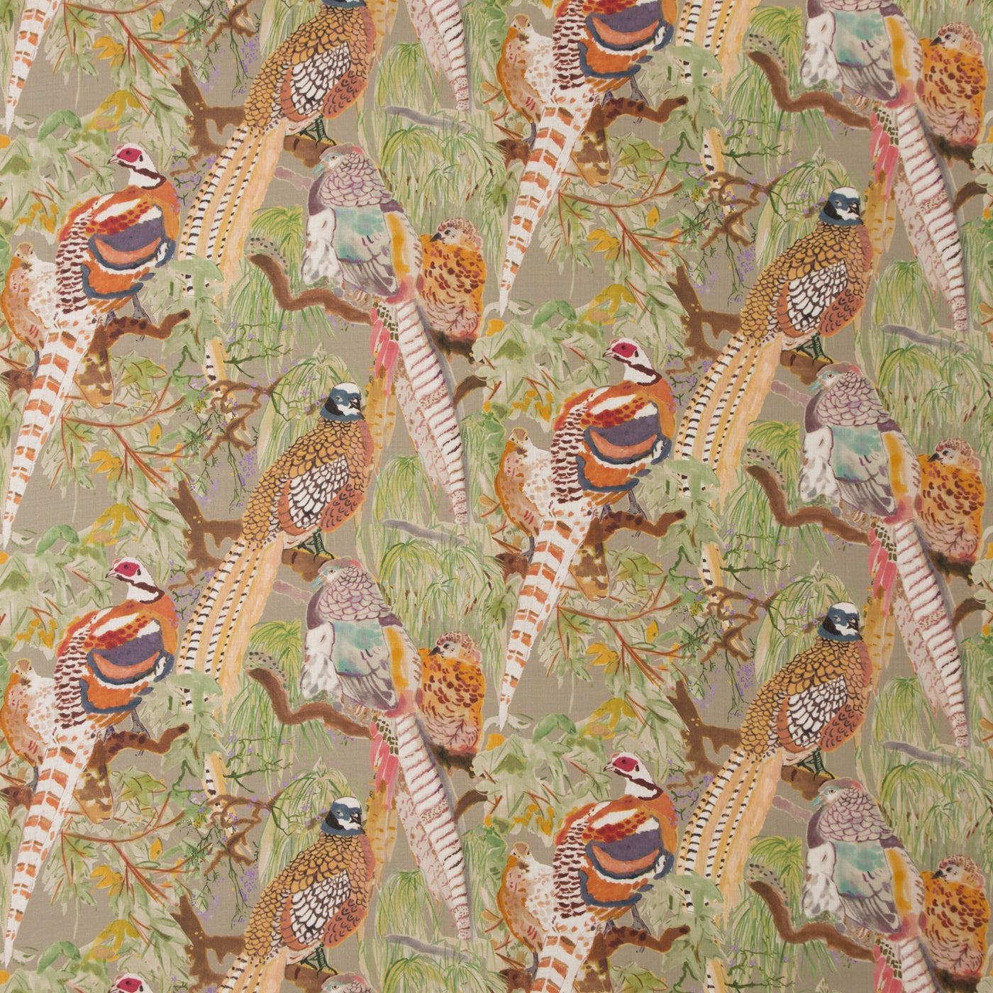 Game Birds Linen K Tygprov - Stone/Multi
