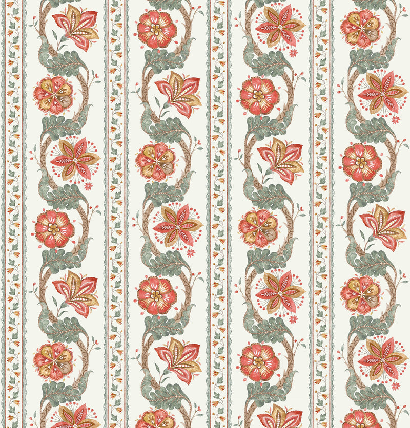 Nina Campbell Clermont Tygprov - Coral/Eucalyptus