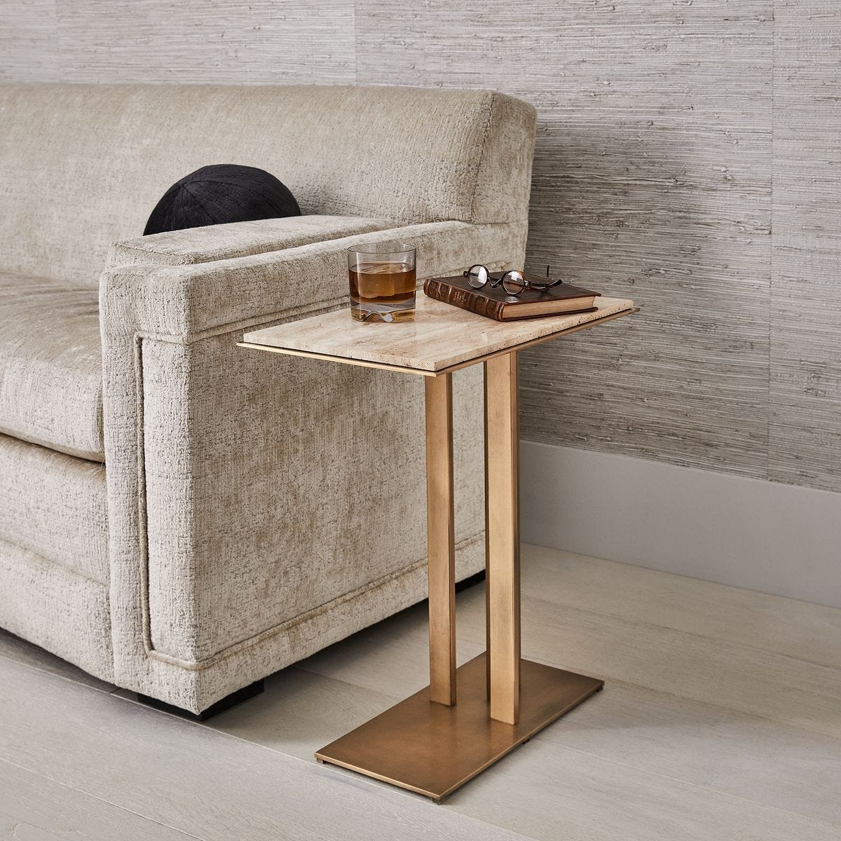 Cantilever Accent Table - Travertine &amp; Brass - undefined