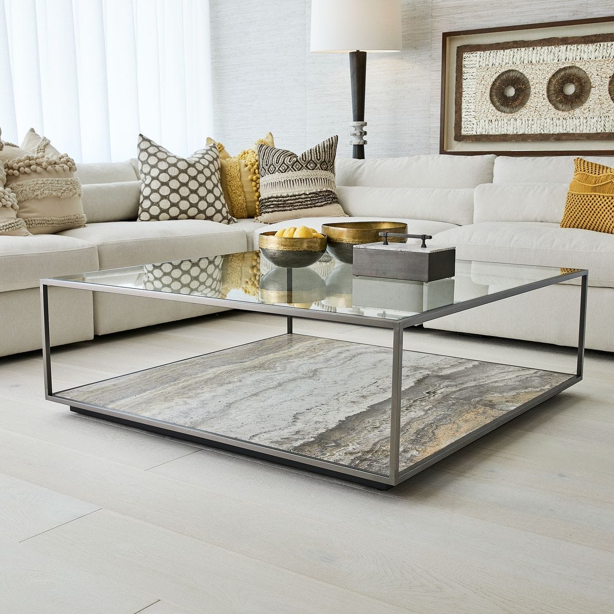 Floating Plane Coffee Table - Travertine/Bronze - undefined