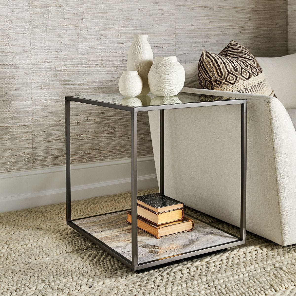 Floating Plane End Table - Travertine/Bronze - undefined