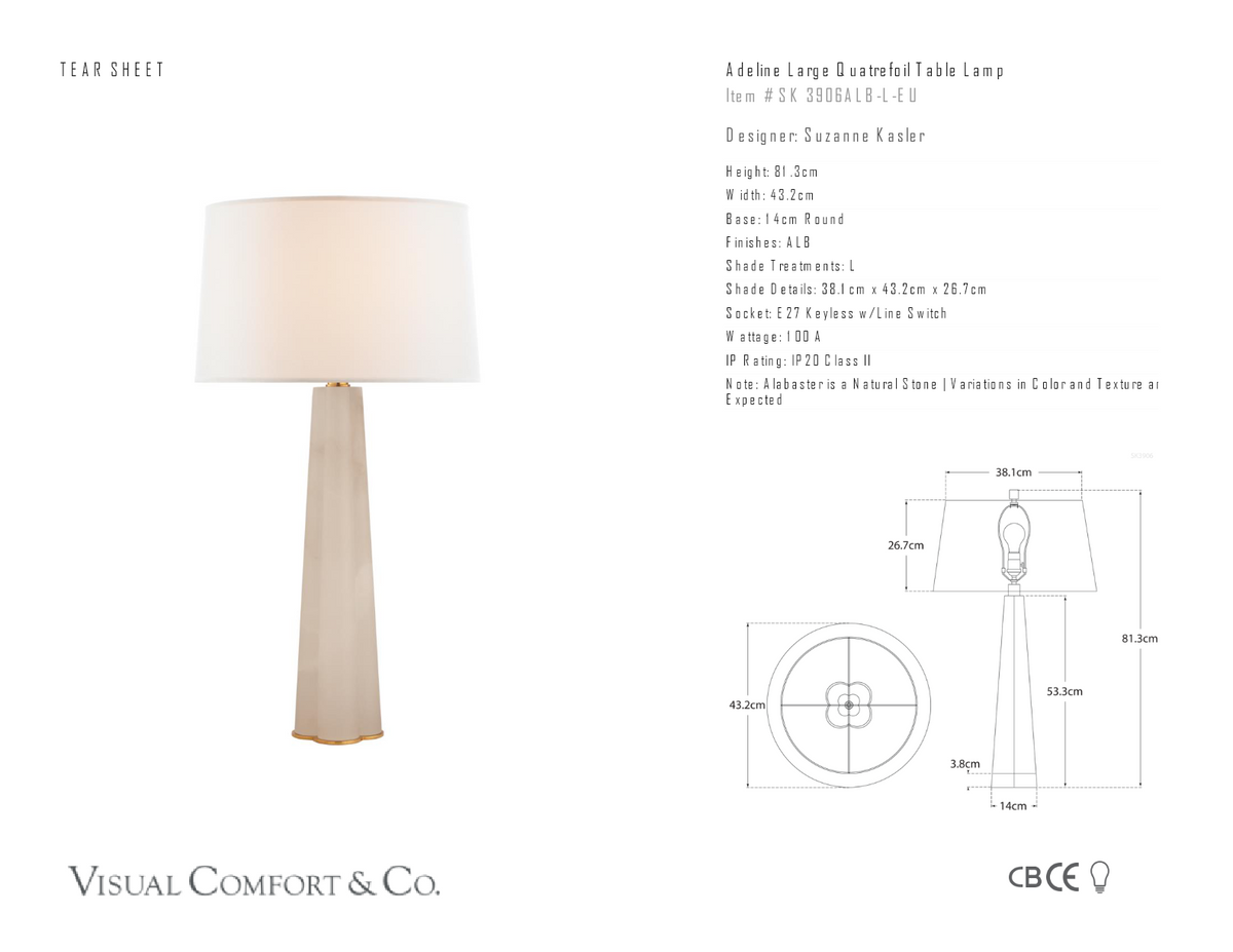Adeline Large Quatrefoil Bordslampa — Suzanne Kasler for Visual Comfort & Co. måttskiss
