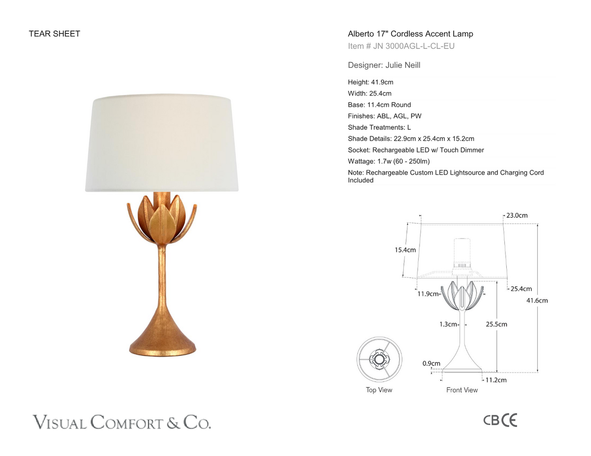Alberto 17" Cordless Table Lamp — Julie Neill for Visual Comfort & Co. dimension drawing