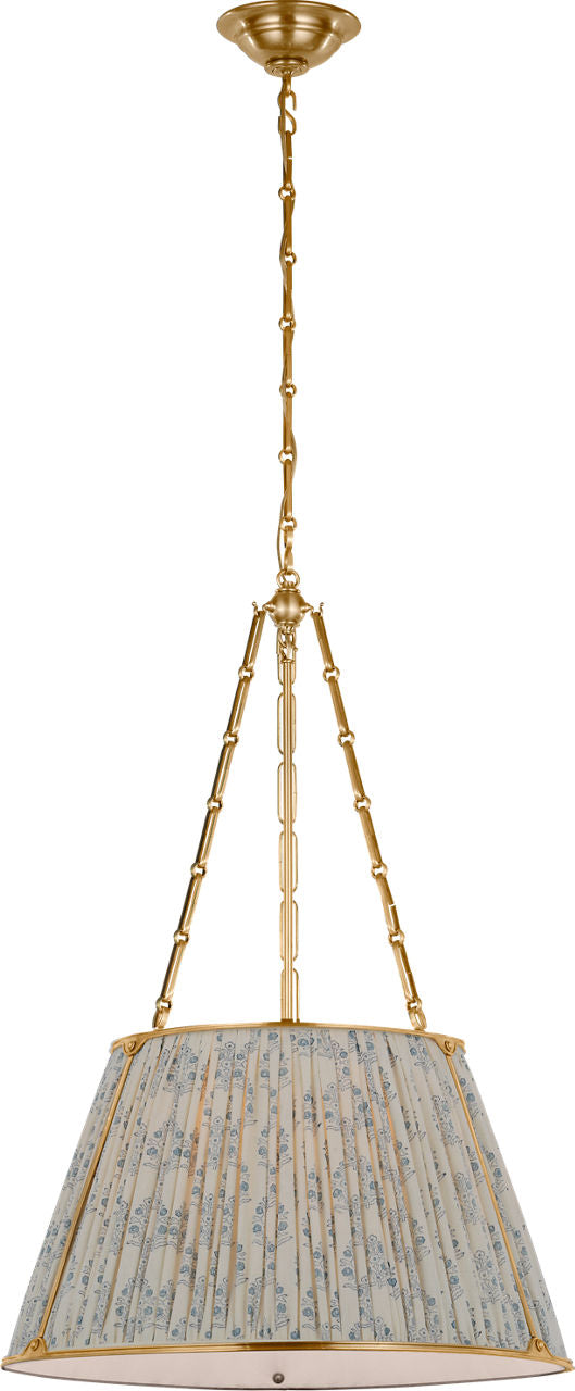 Allister 21" Taklampa — Schumacher for Visual Comfort & Co. — Hand-Rubbed Antique Brass with Schumacher Blue Aditi Pleated Shade
