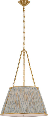Allister 21" Taklampa — Schumacher for Visual Comfort & Co. — Hand-Rubbed Antique Brass with Schumacher Blue Aditi Pleated Shade