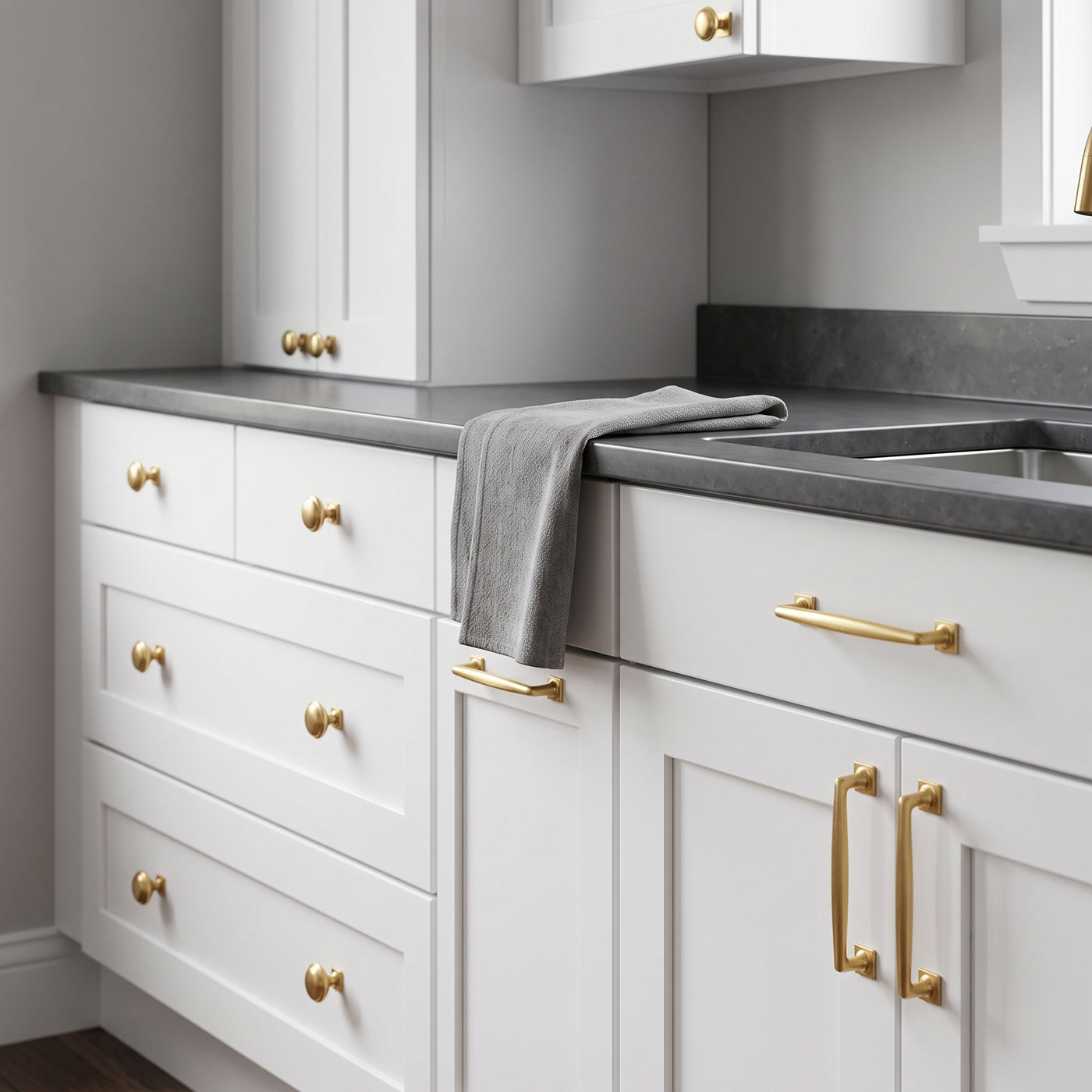 Queslett Skåpsknopp fyrkantig — miljöbild, Satin brass unlacquered