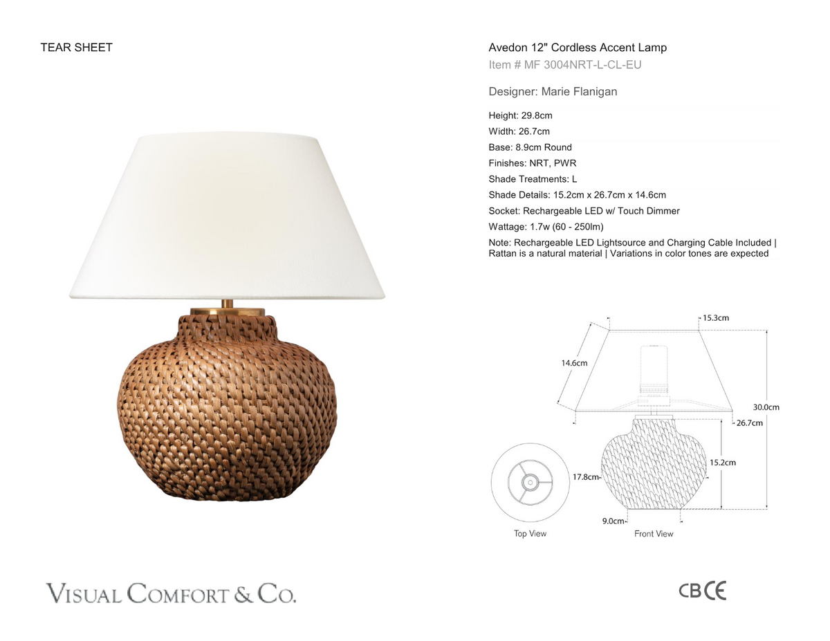 Avedon 12" Cordless Bordslampa — Marie Flanigan for Visual Comfort & Co. måttskiss
