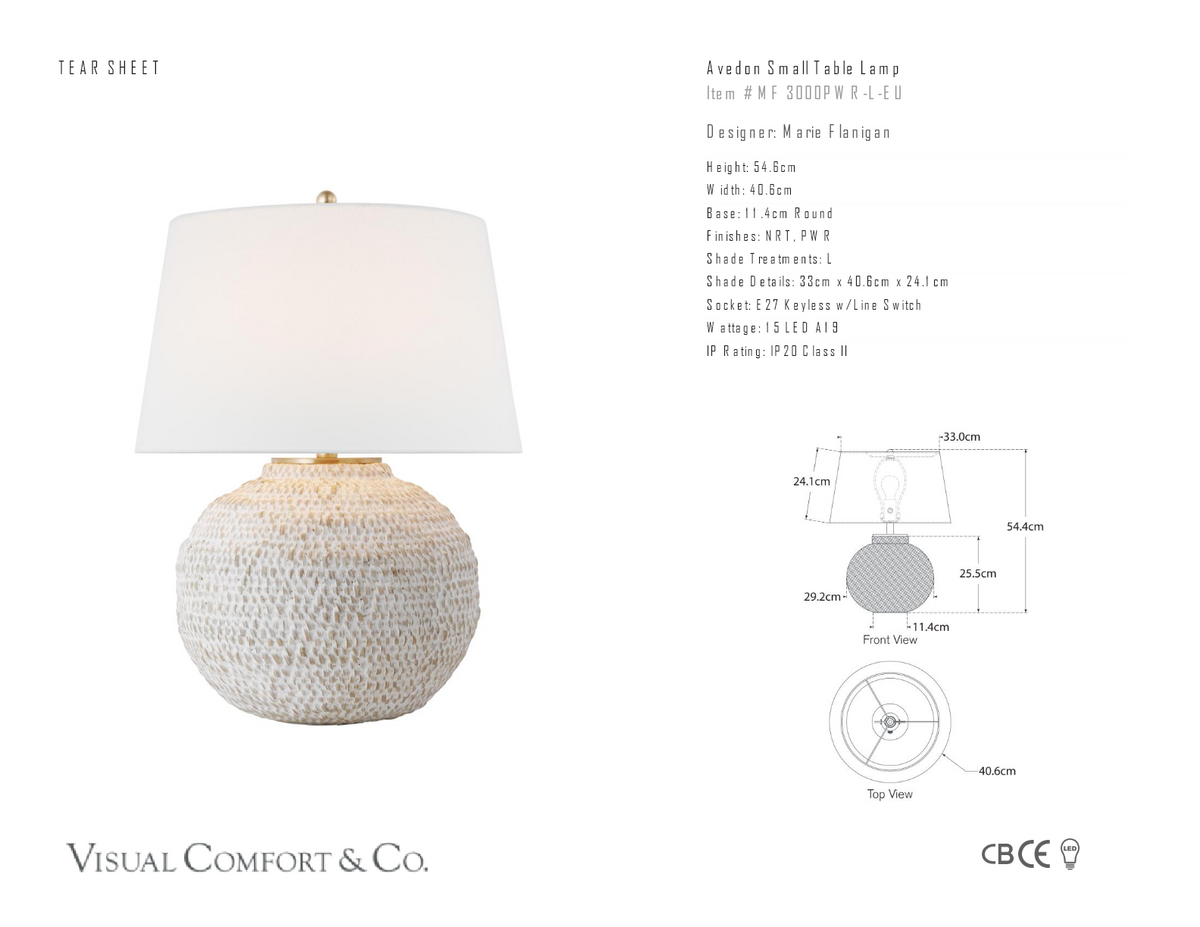 Avedon Small Bordslampa — Marie Flanigan for Visual Comfort & Co. måttskiss