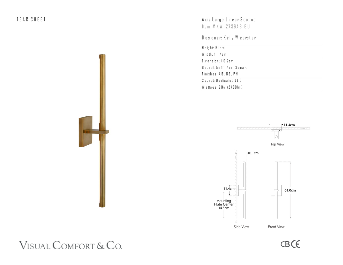 Axis Large Linear Vägglampa — Kelly Wearstler for Visual Comfort & Co. måttskiss