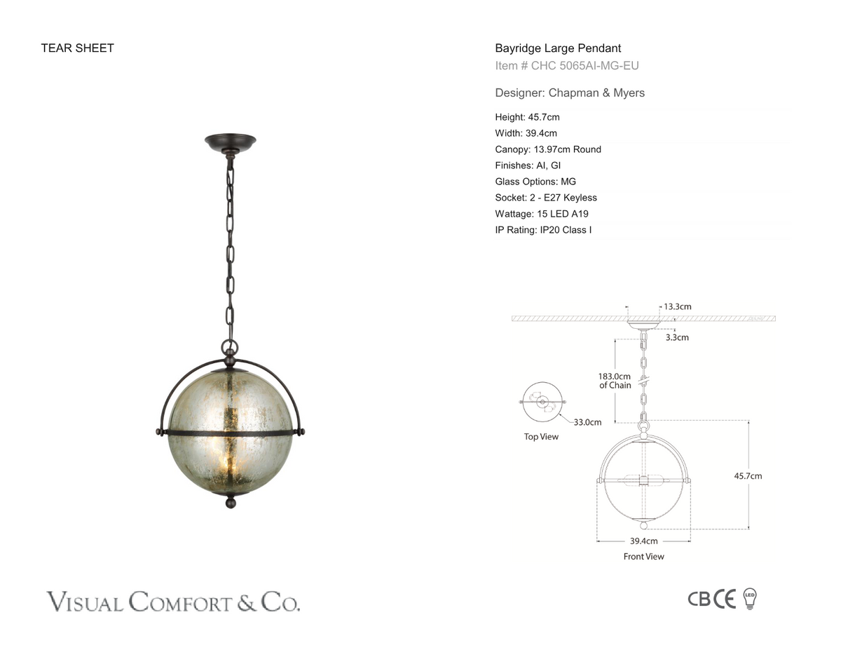 Bayridge Large Pendant — Chapman & Myers for Visual Comfort & Co. dimension drawing