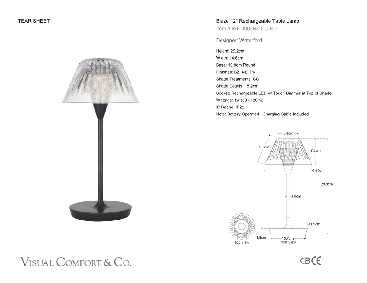 Blaze 12" Rechargeable Bordslampa — Waterford for Visual Comfort & Co. måttskiss