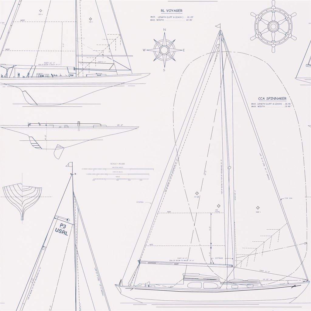 Boat Blueprint Dark Blue on White — Ralph Lauren Home tapet