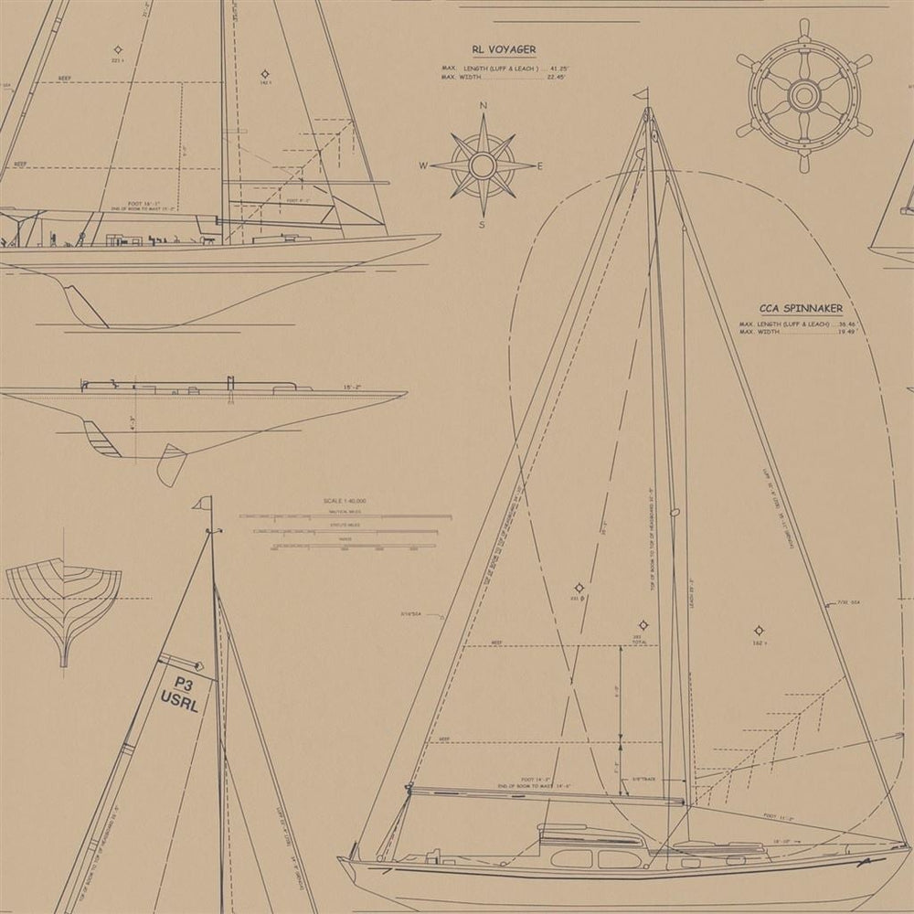 Boat Blueprint Vintage Blue — Ralph Lauren Home tapet