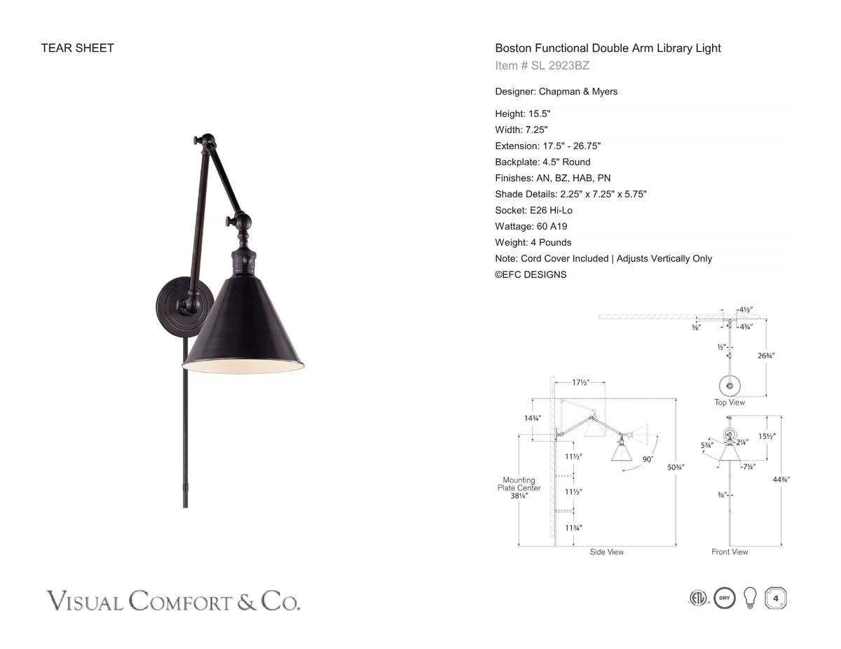 Boston Functional Double Arm Library Light Wall Light — Chapman & Myers for Visual Comfort & Co. dimension drawing