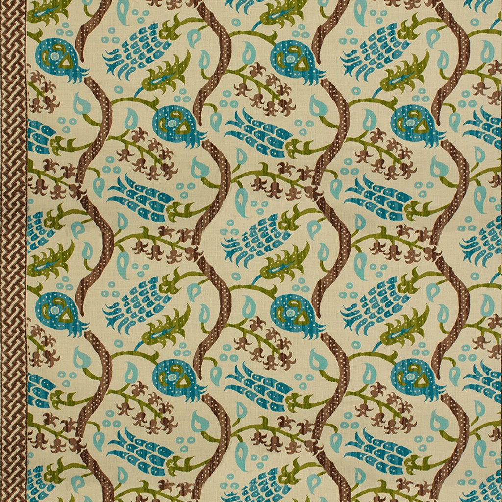 Nisiotiko Linen Print Tyg Taupe/Aqua — Brunschwig & Fils tyg