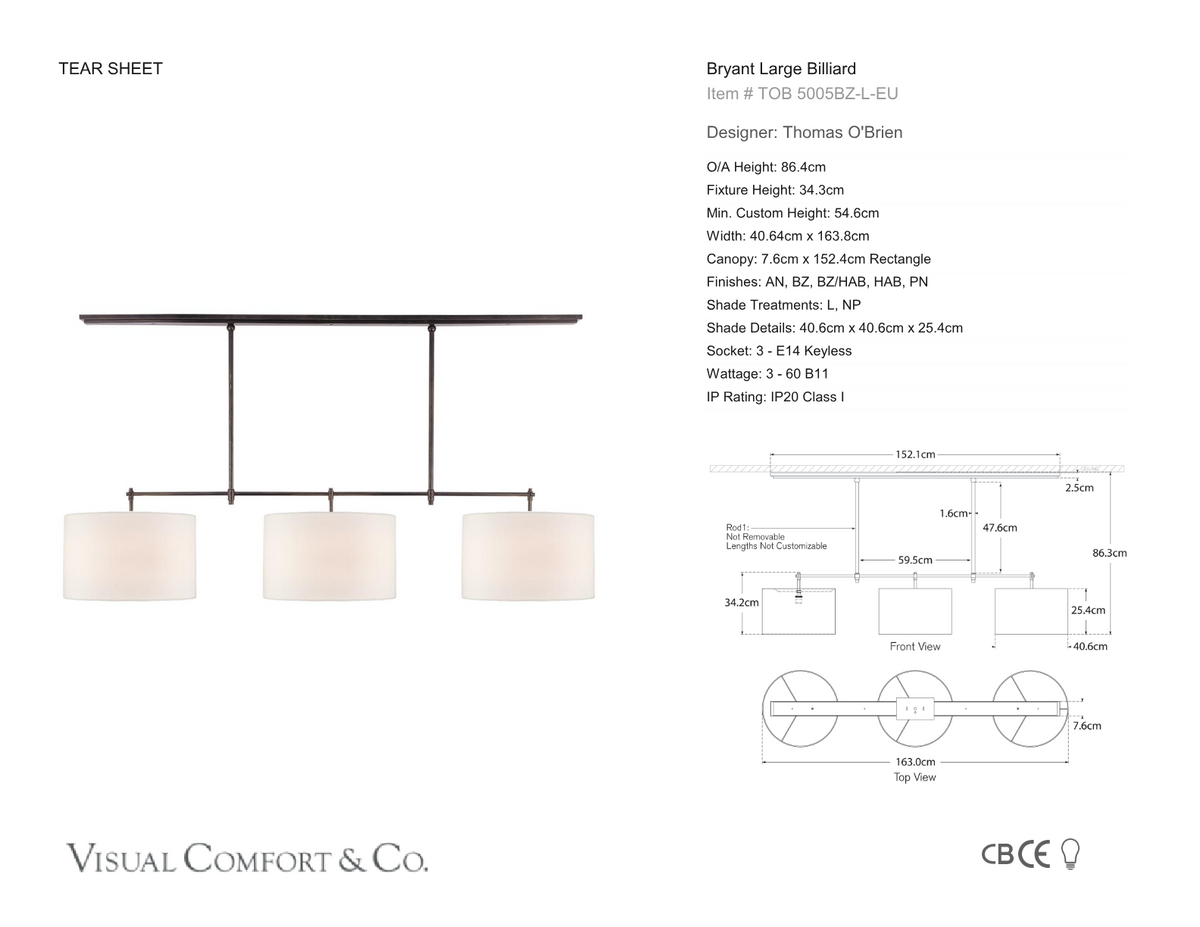 Bryant Large Billiard Taklampa — Thomas O'Brien for Visual Comfort & Co. måttskiss