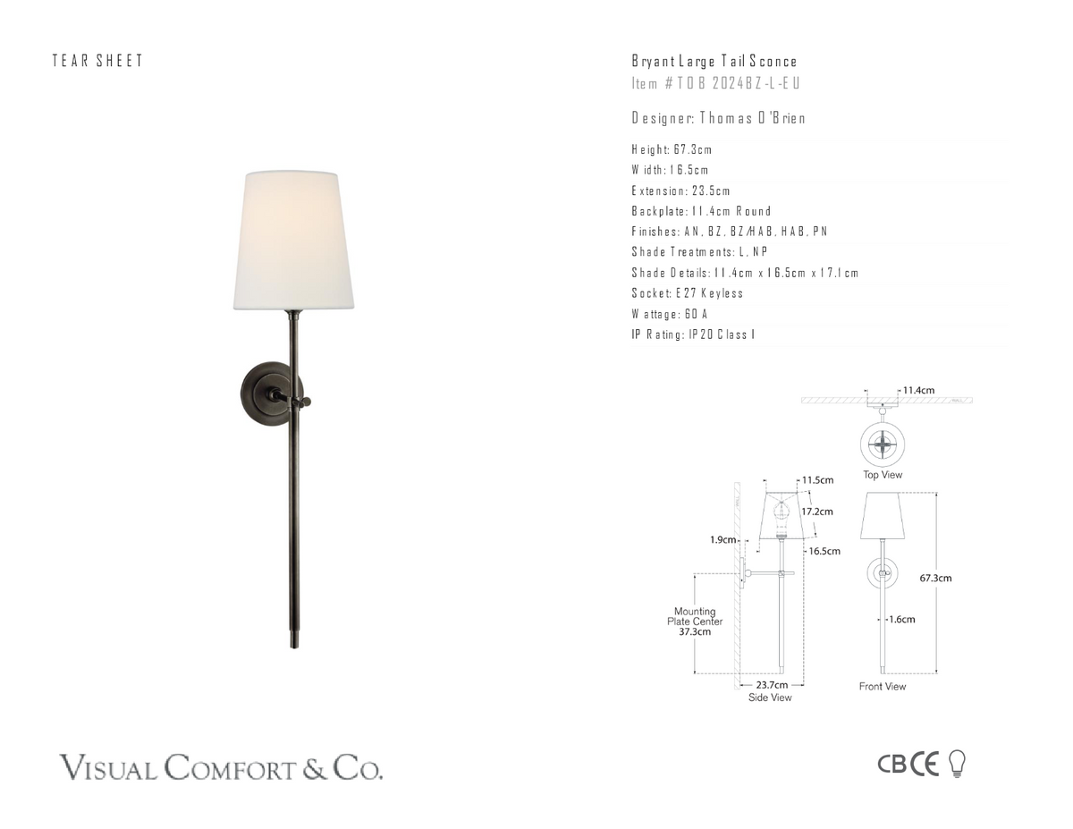 Bryant Large Tail Vägglampa — Thomas O'Brien for Visual Comfort & Co. måttskiss