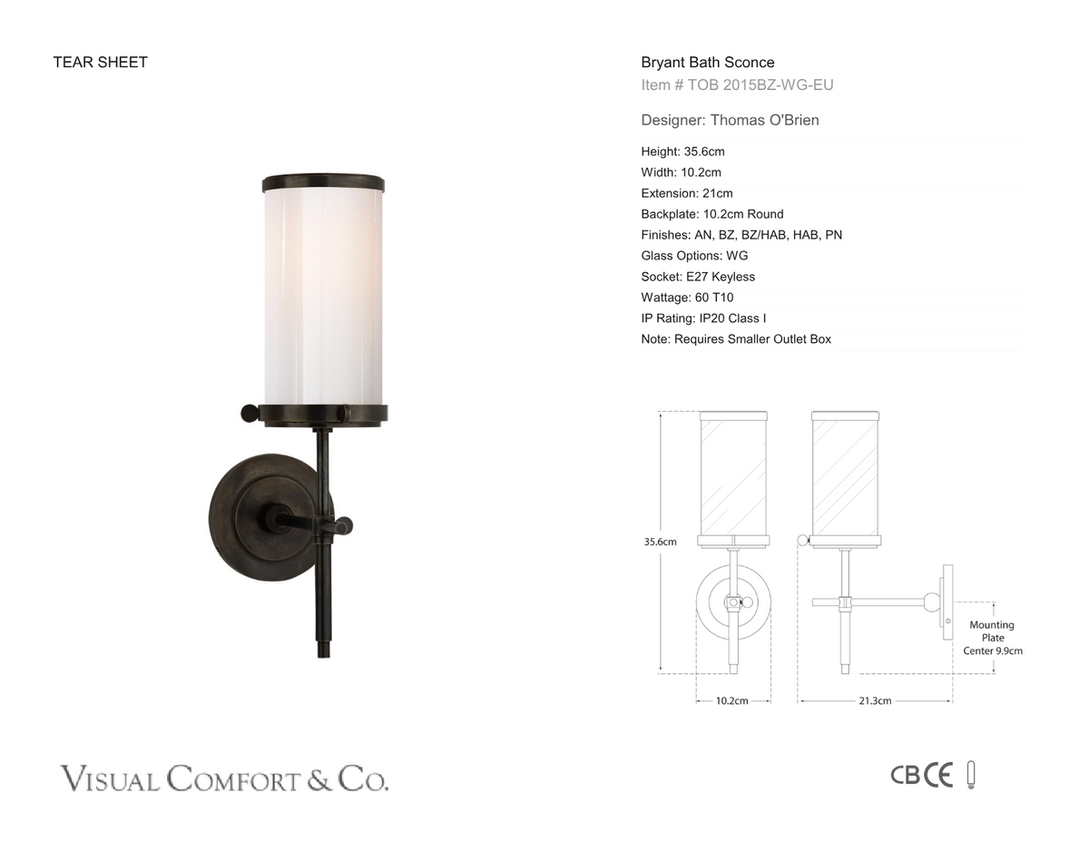 Bryant Wall Light — Thomas O'Brien for Visual Comfort & Co. dimension drawing
