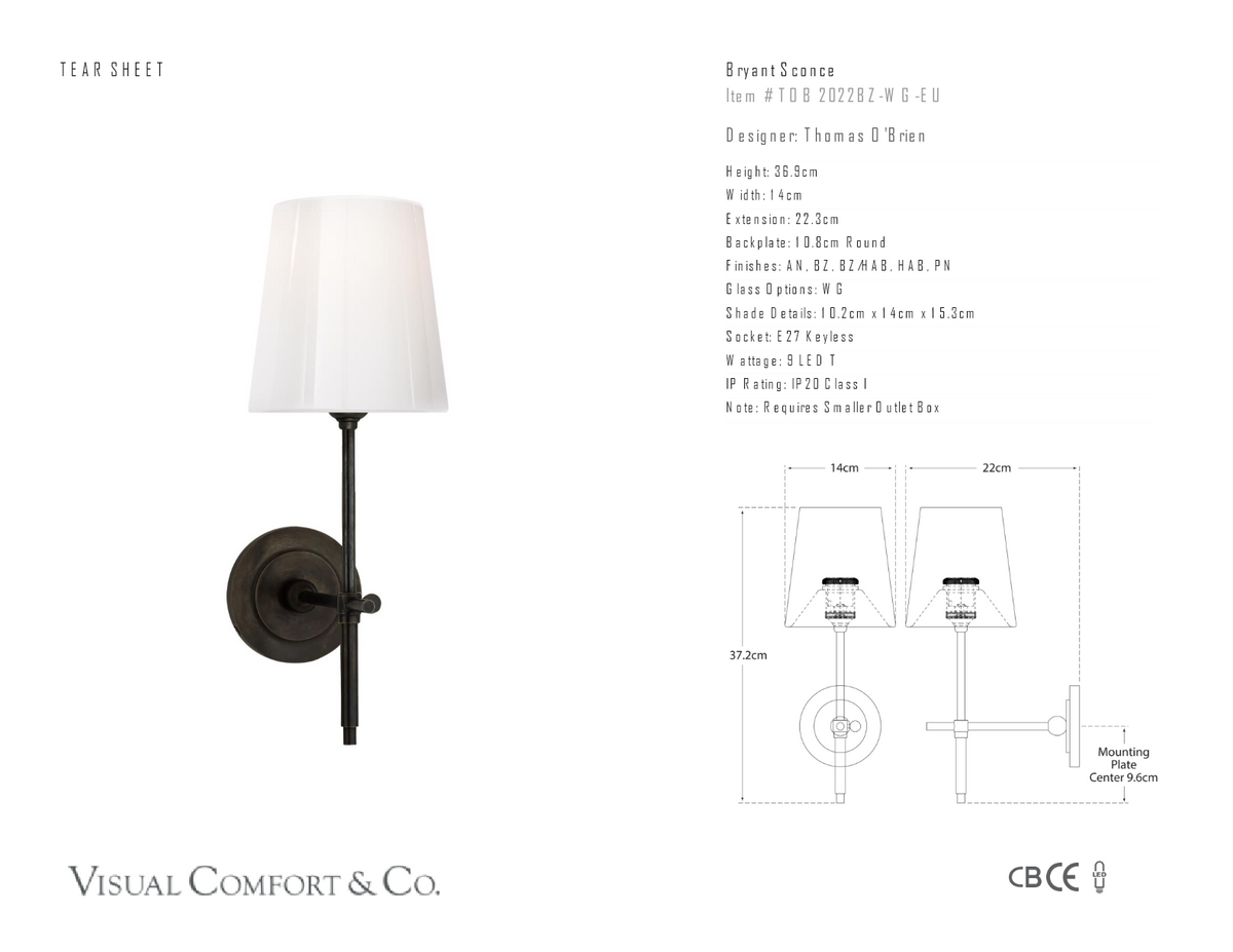 Bryant Vägglampa — Thomas O'Brien for Visual Comfort & Co. måttskiss