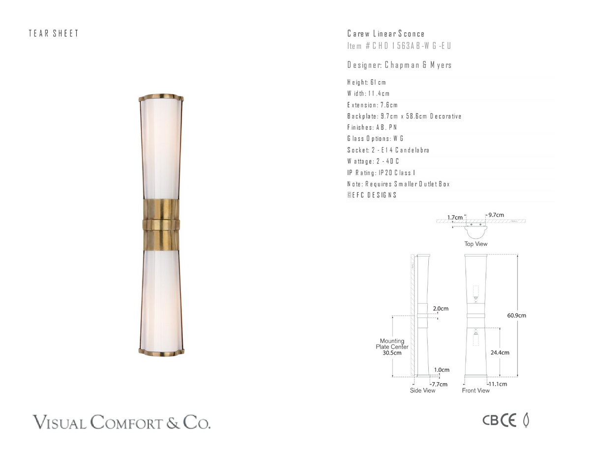 Carew Linear Vägglampa — Chapman & Myers for Visual Comfort & Co. måttskiss