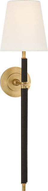 Bryant Large Wrapped Tail Vägglampa — Thomas O'Brien for Visual Comfort & Co. — Hand-Rubbed Antique Brass and Chocolate Leather with Linen Shade