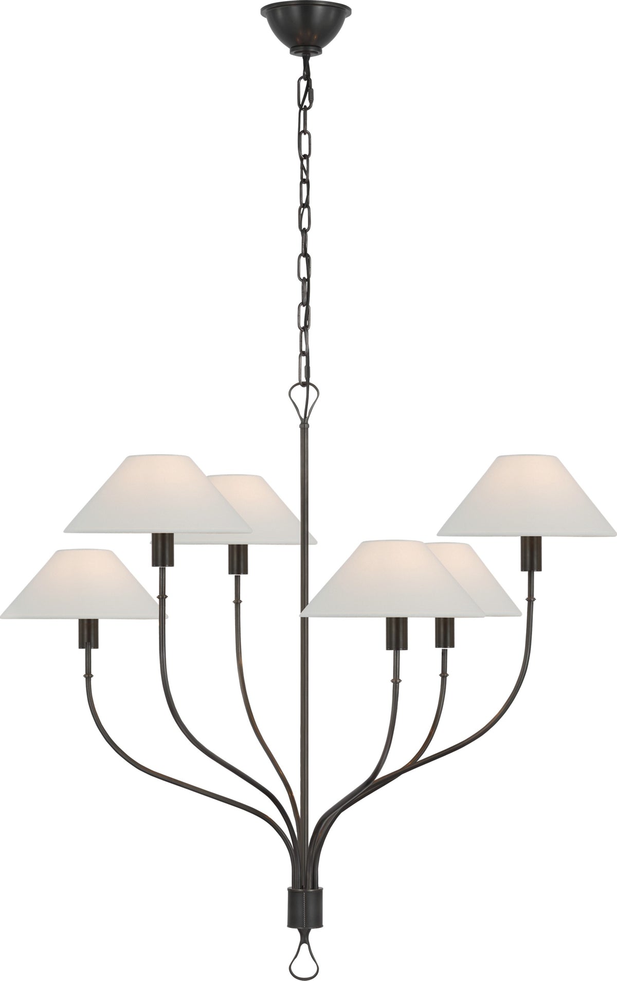 Griffin Large Staggered Tail Takkrona — Amber Lewis for Visual Comfort & Co. — Bronze and Chocolate Leather with Linen Shades