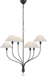 Griffin Large Staggered Tail Takkrona — Amber Lewis for Visual Comfort & Co. — Bronze and Chocolate Leather with Linen Shades