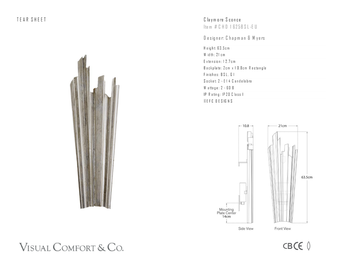 Claymore Vägglampa — Chapman & Myers for Visual Comfort & Co. måttskiss