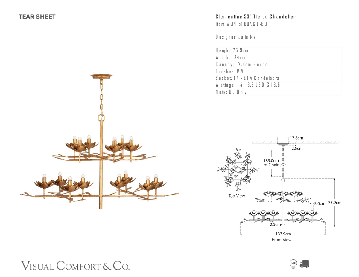 Clementine 53" Tiered Takkrona — Julie Neill for Visual Comfort & Co. måttskiss
