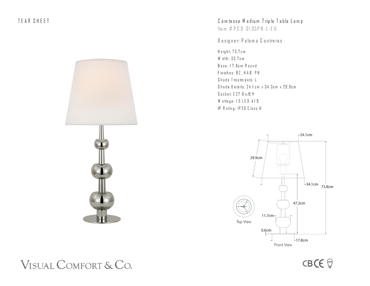 Comtesse Medium Triple Table Lamp — Paloma Contreras for Visual Comfort & Co. dimension drawing