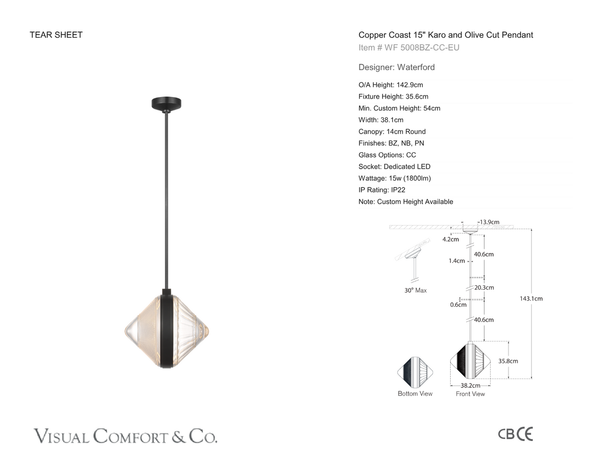 Copper Coast 15" Karo and Olive Cut Takpendel — Waterford for Visual Comfort & Co. måttskiss