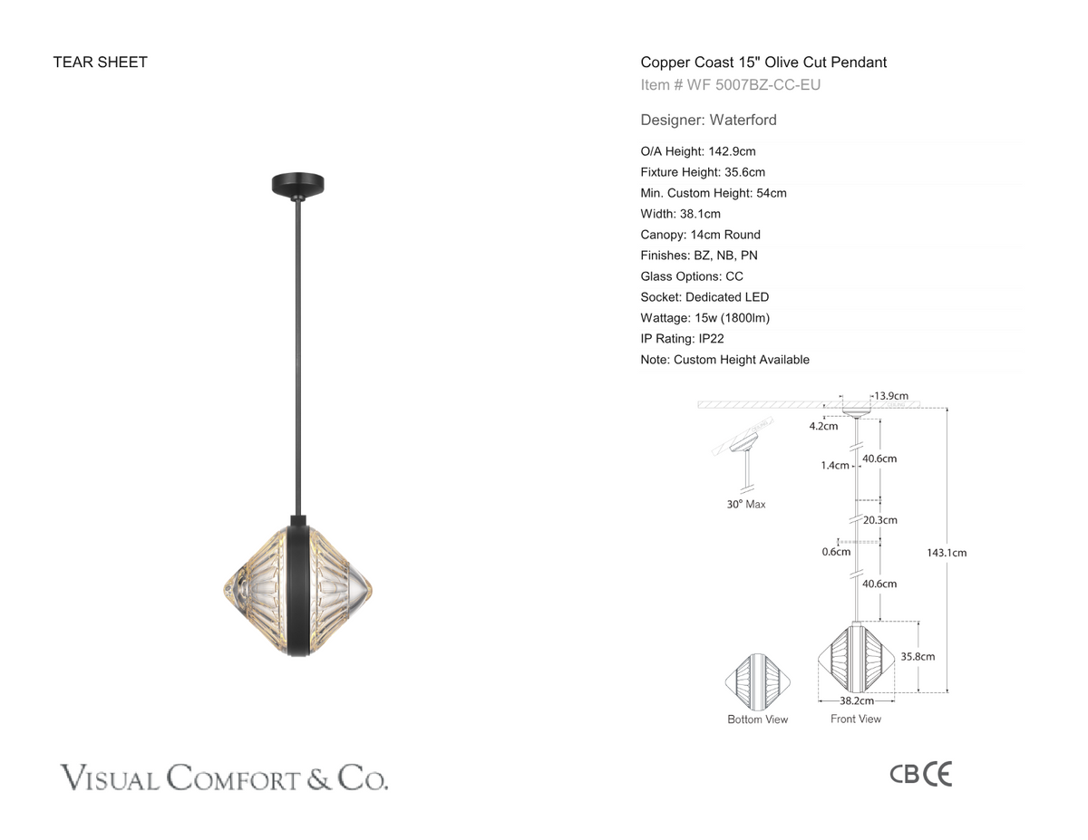 Copper Coast 15" Olive Cut Takpendel — Waterford for Visual Comfort & Co. måttskiss