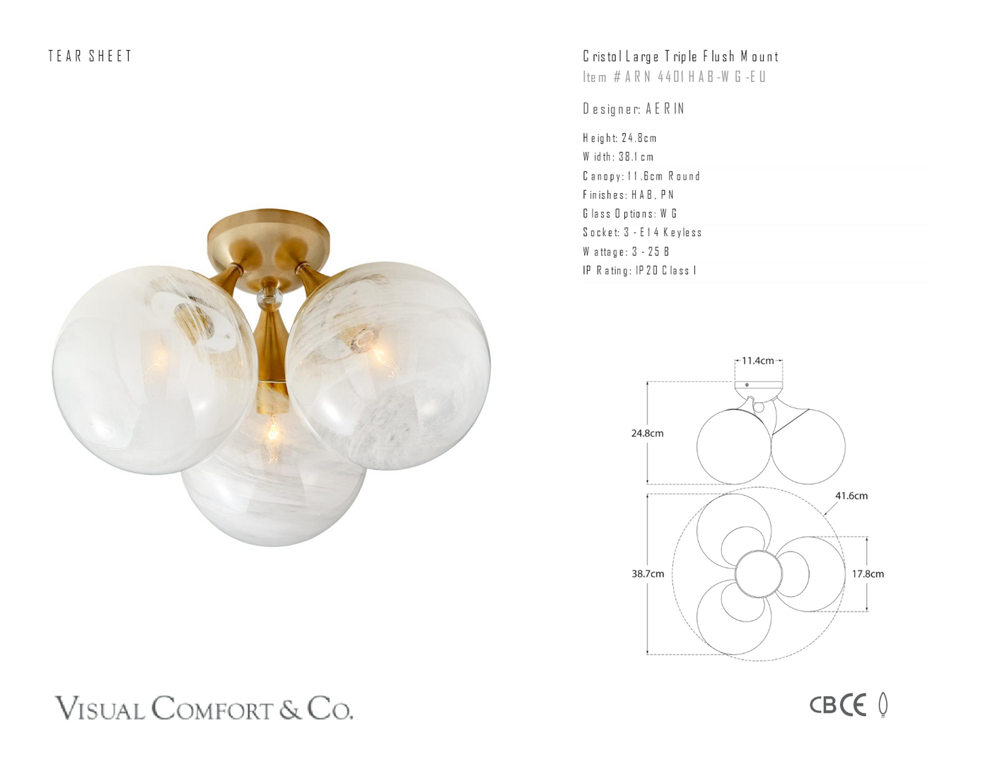 Cristol Large Triple Plafond måttskiss