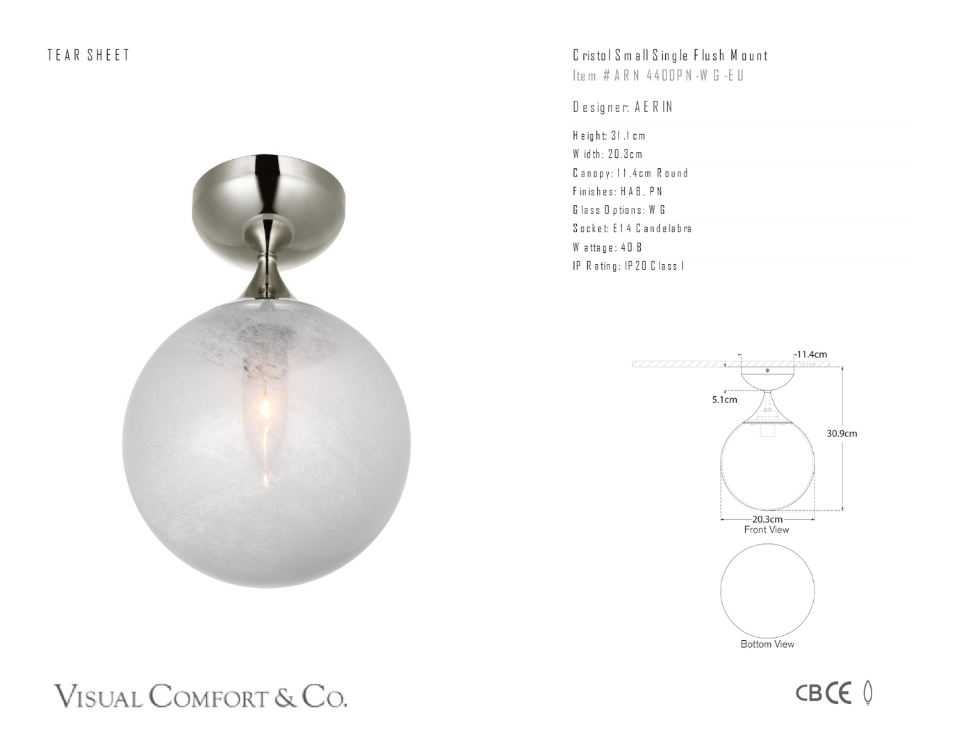 Cristol Small Single Plafond måttskiss